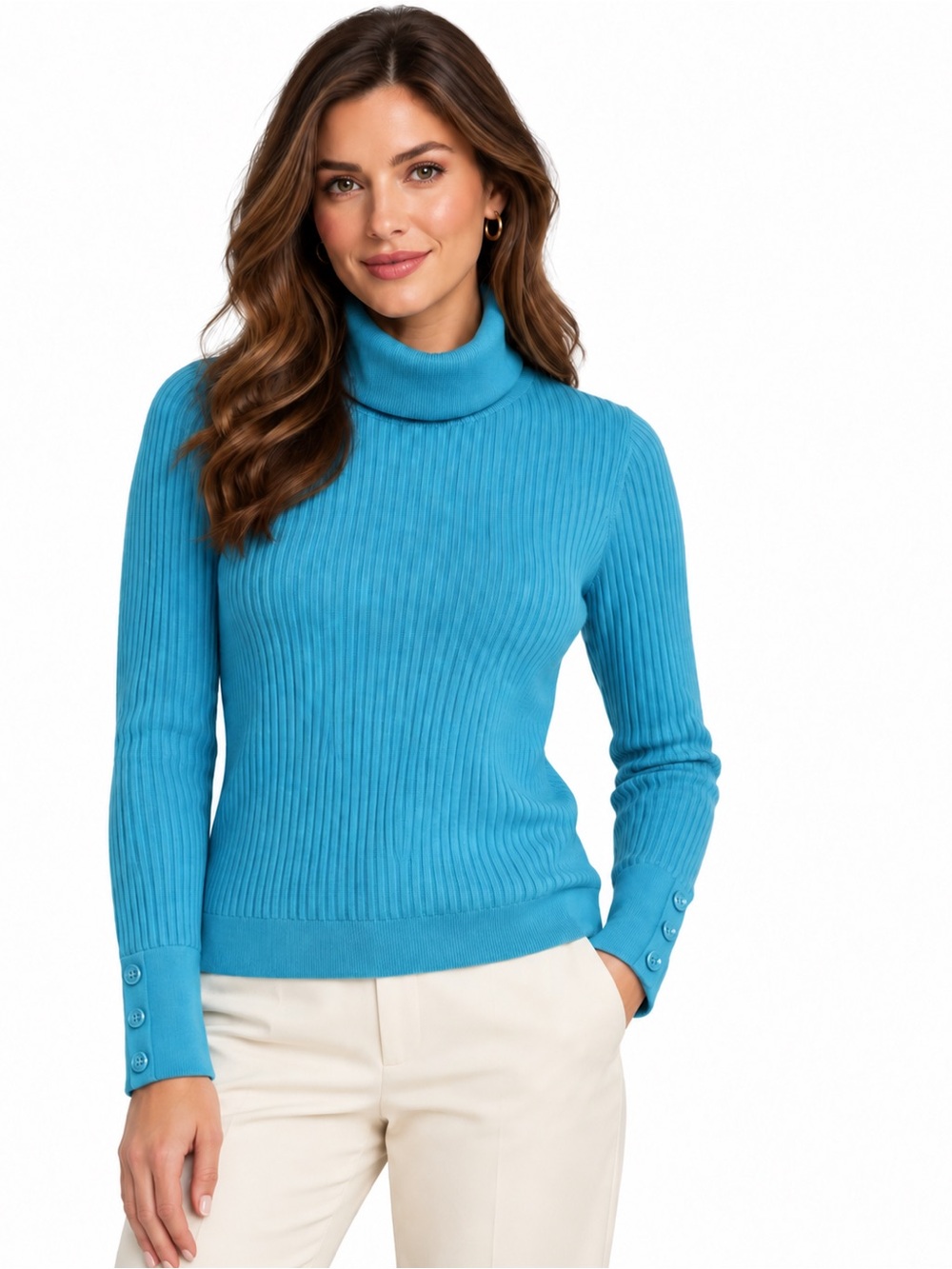 Talbots Petite Women’s Ribbed Turtleneck Sweater Blue Button Cuffs 0P-2P NEW